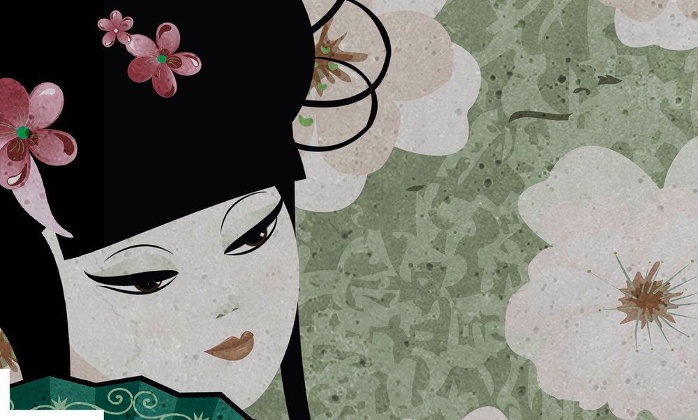             Fotomurali Giappone Comic con fiori di ciliegio - Verde, Blu
        