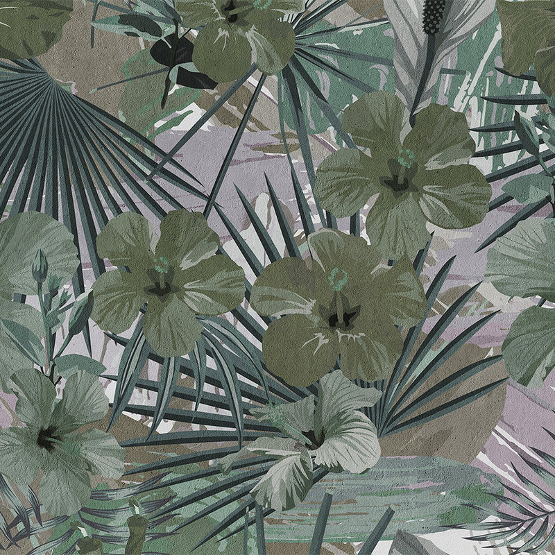 Papel pintado de palmeras y flores de la selva - Verde, Gris
