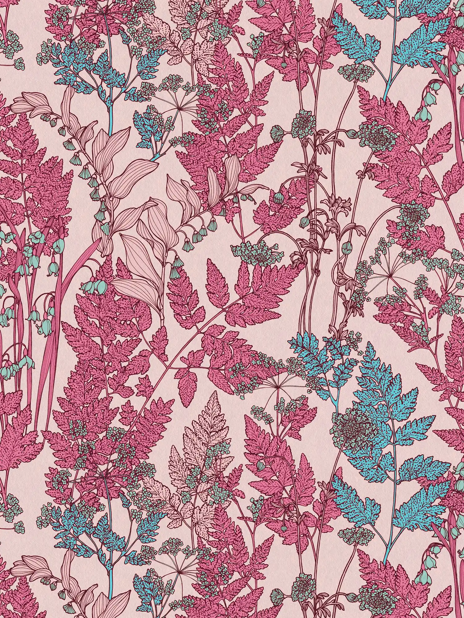             Papier peint fleuri rose avec design floral style botanique - rose, rouge, bleu
        