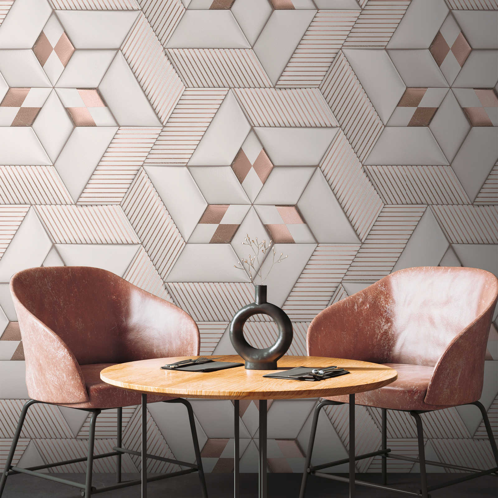         Non-woven wallpaper with abstract 3D pattern - white, cream, bronze
    