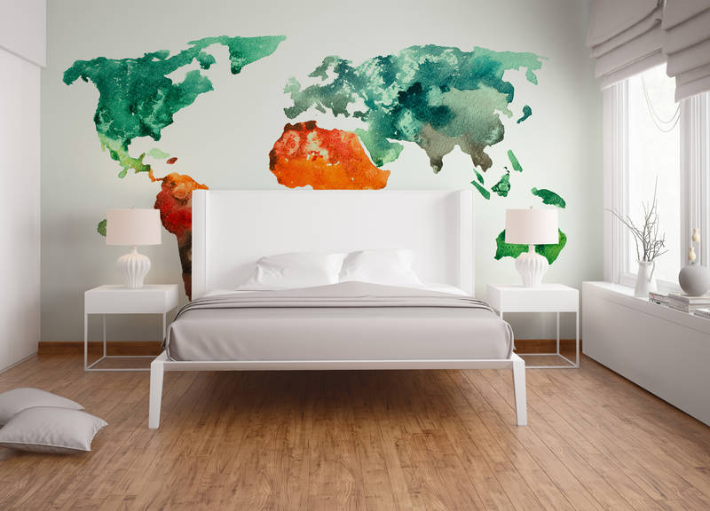             Papier peint panoramique Cartes du monde aquarelles - multicolore, blanc, vert
        