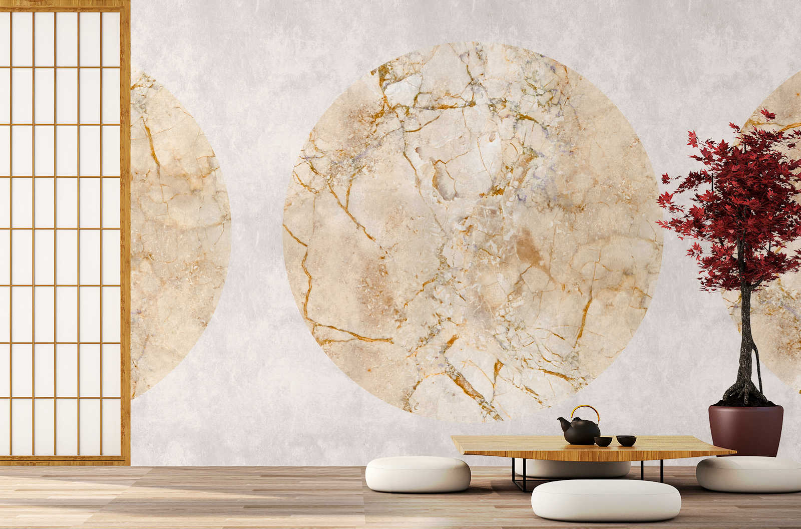             Venus 1 - Papier peint panoramique marbre doré avec motif circulaire & aspect crépi
        