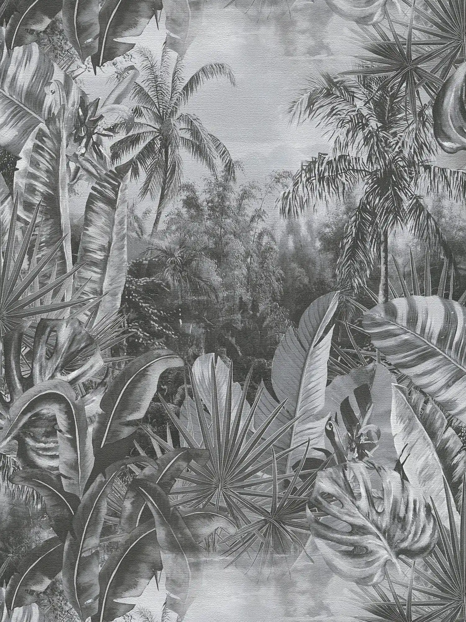 Papel pintado blanco y negro con motivos de la selva y palmeras
