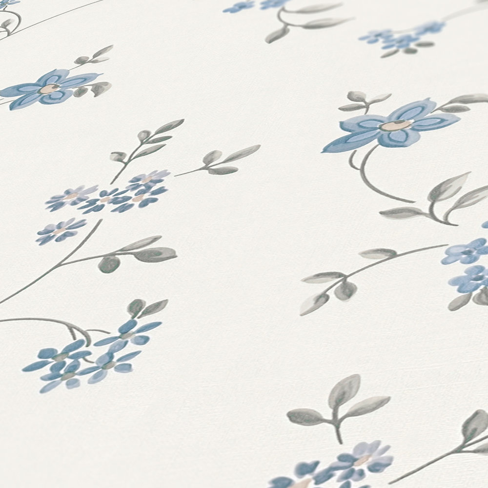             Carta da parati in tessuto non tessuto con tralci floreali in stile country - crema, grigio, blu
        