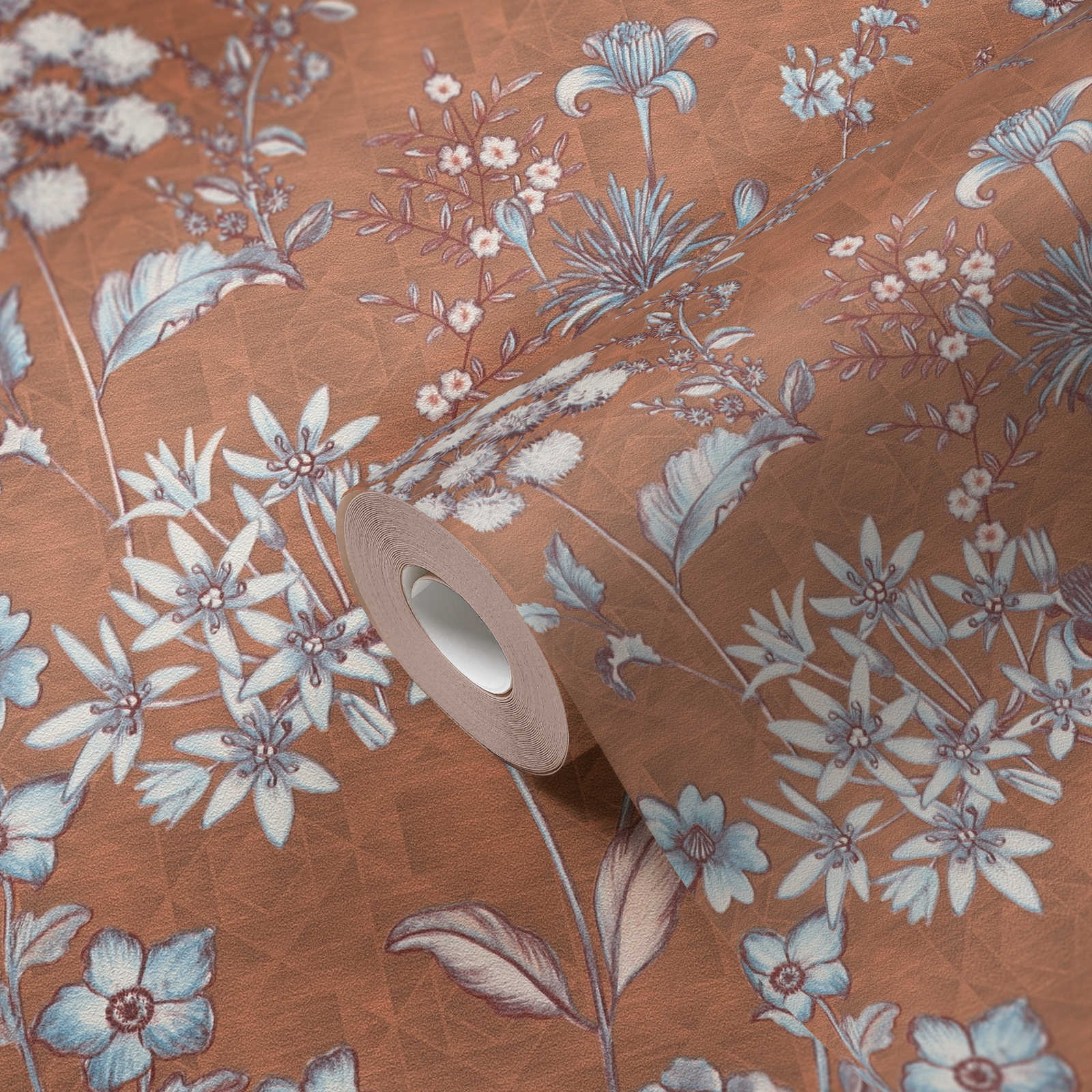             Papel pintado floral vintage con motivos florales - naranja, marrón, azul claro
        