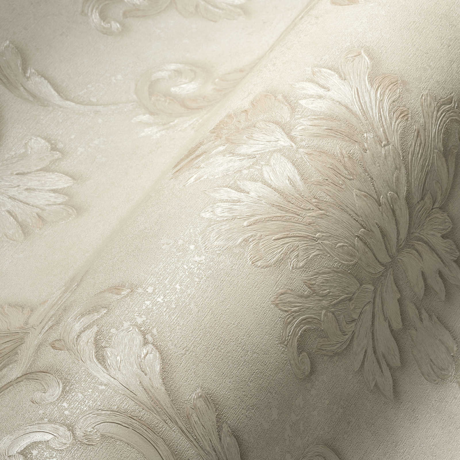             Papel pintado de diseño con adornos florales y efecto metálico - bronce, crema
        