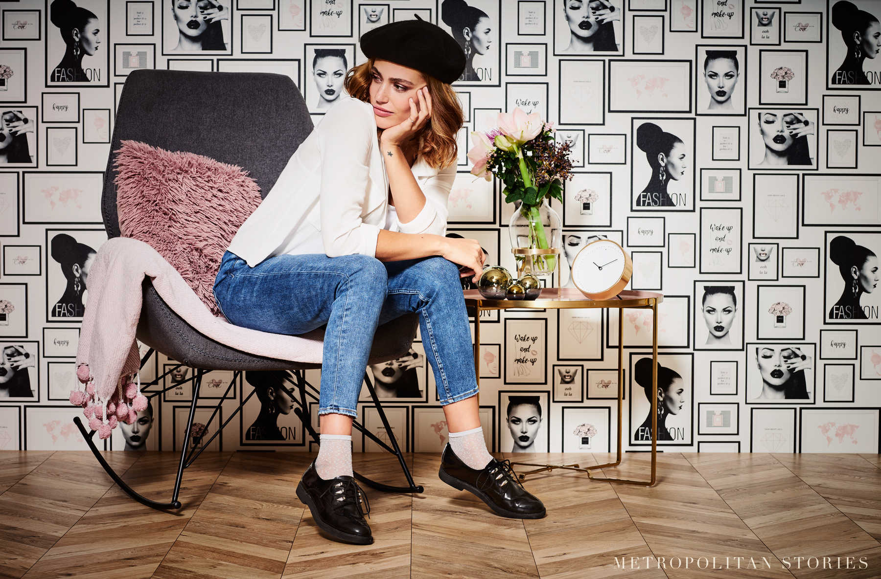             Behang Fashion Design met Wall Decor - Zwart, Wit, Grijs, Roze
        