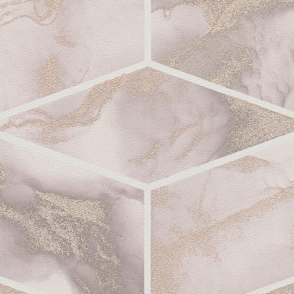             Papel pintado de baldosas con efecto mármol y metálico - metálico, rosa, blanco
        
