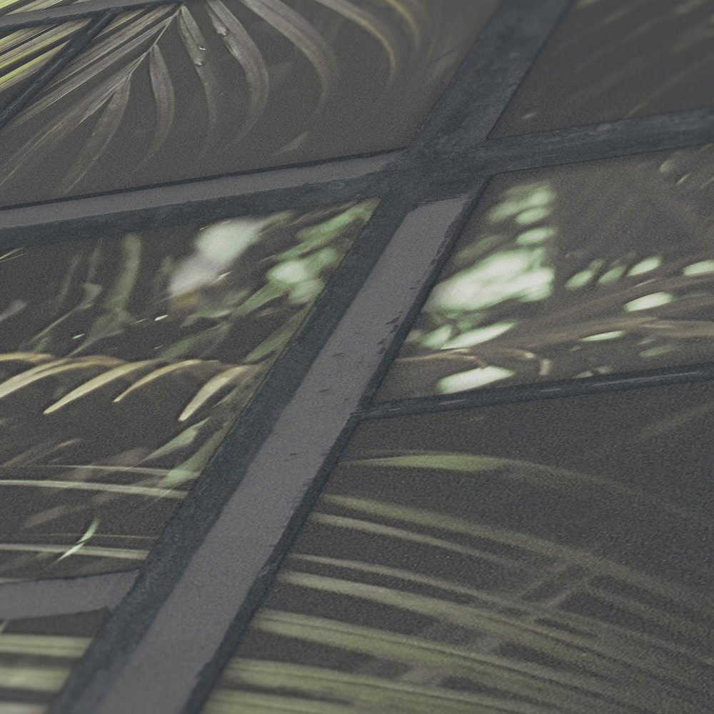            Papier peint Fenêtre Jungle Vue, effet 3D - Gris, vert, noir
        