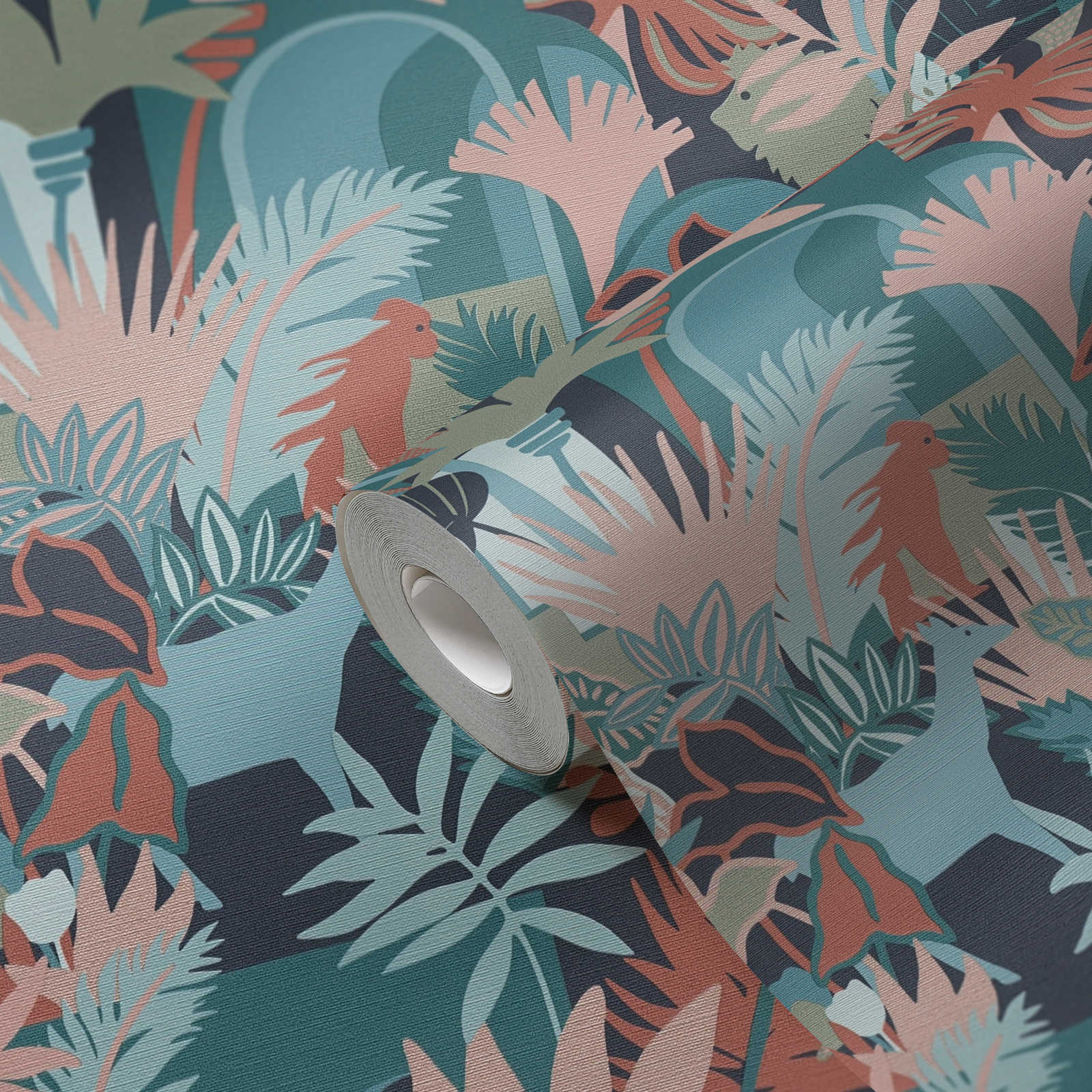             Non-woven wallpaper in jungle look with animals - multicoloured, green, blue
        