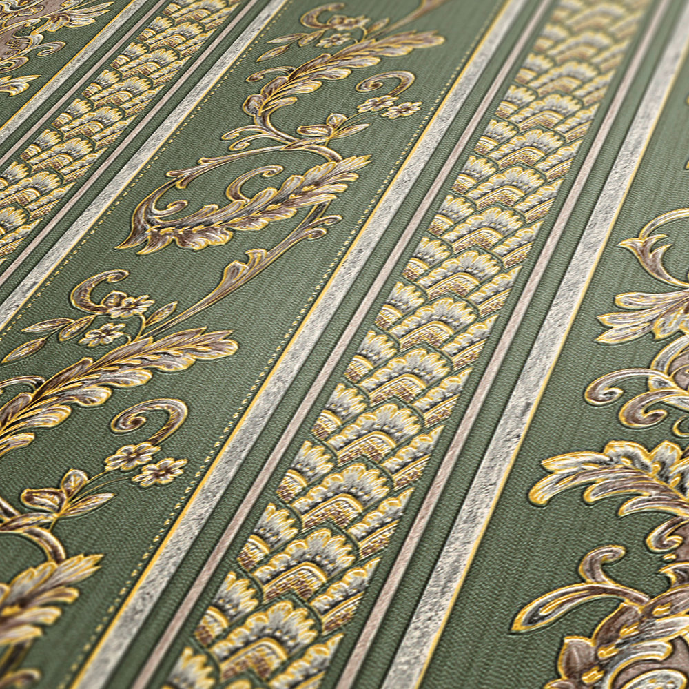             behangpapier gestreept met barokke ornamenten - goud, groen
        
