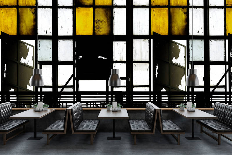             Bronx 1 - Digital behang, Loft met glas-in-loodramen - Geel, Zwart | Matte gladde vlieseline
        