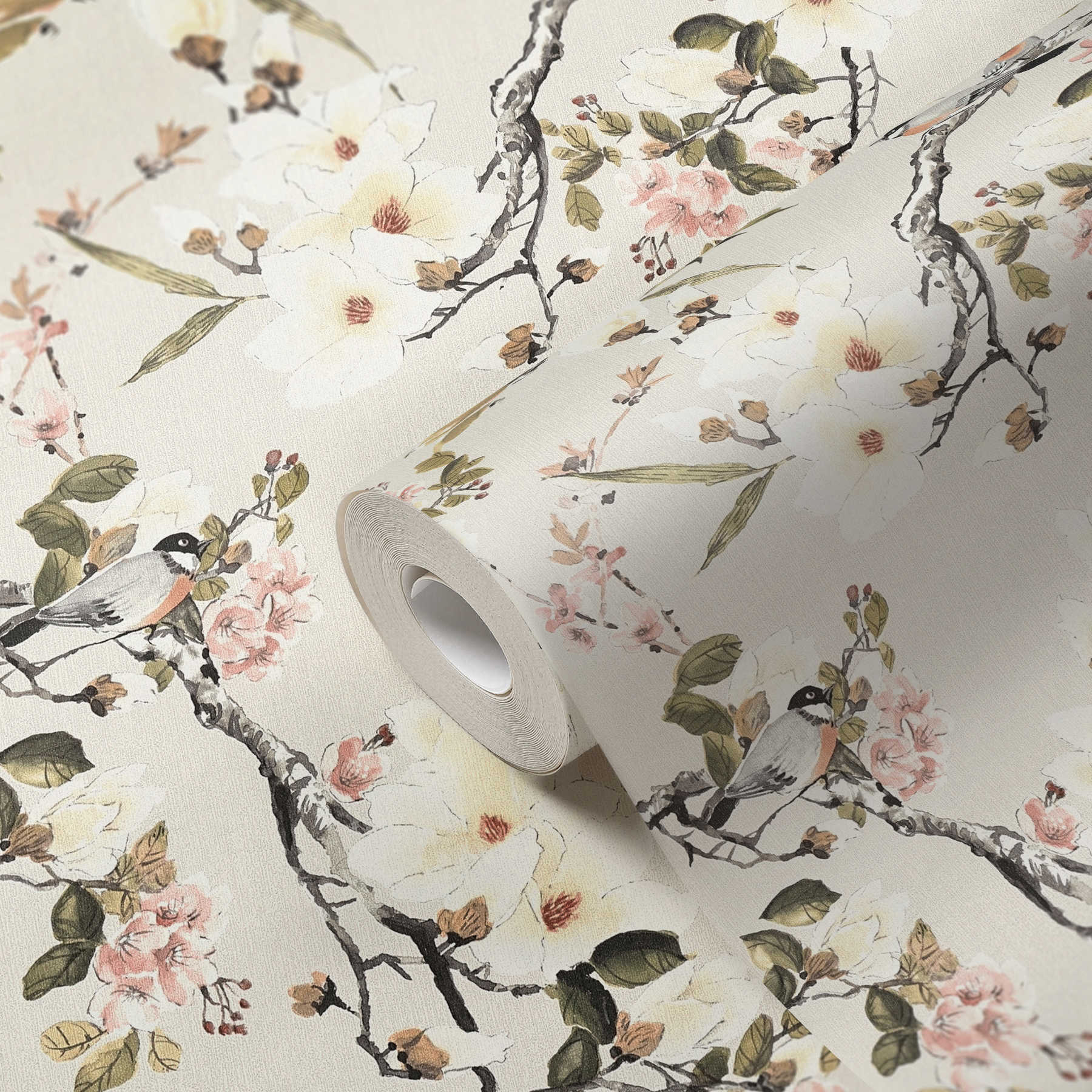             Non-woven wallpaper nature design flowers branches & birds - beige, colourful
        