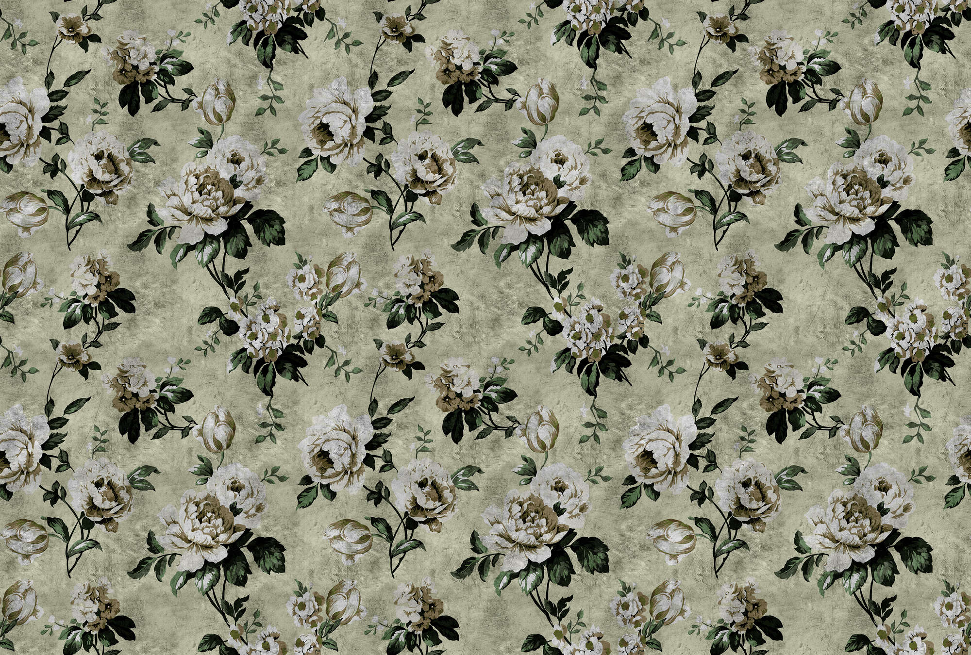             Wild roses 1 - Roses wallpaper in retro look, green- scratch structure - blue, green | pearl smooth fleece
        