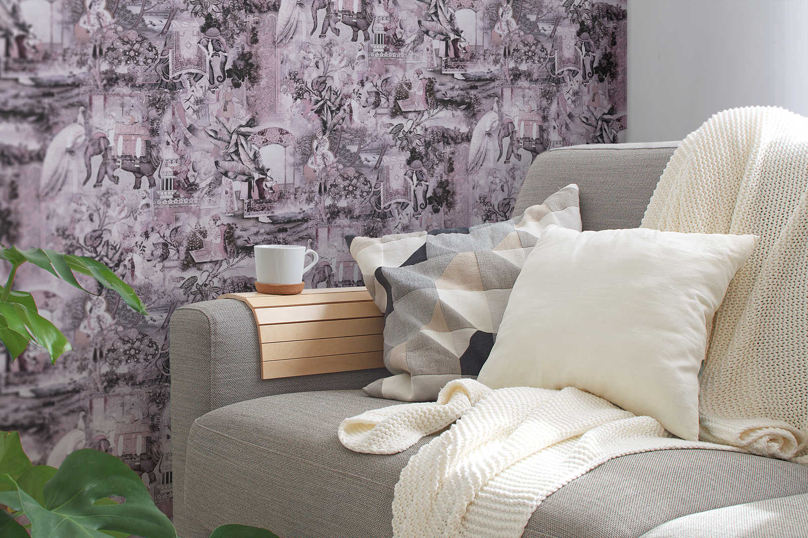             Non-woven wallpaper India with elephant & vintage pattern - pink, grey
        
