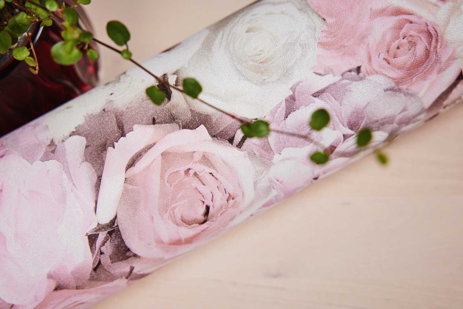             Carta da parati motivo rose e fiori - rosa, bianco
        
