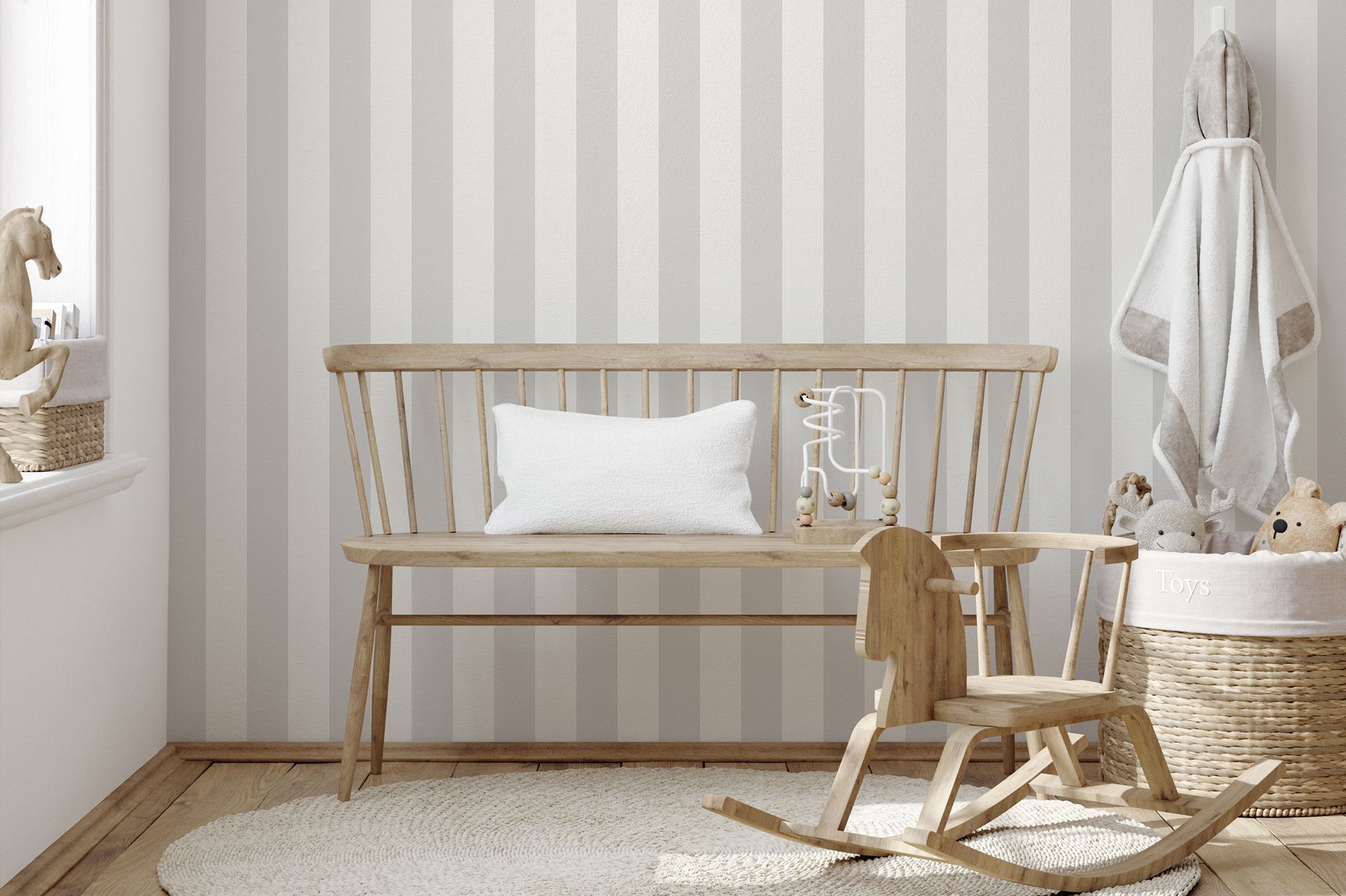 Kidsroom wallpaper stripes white and grey