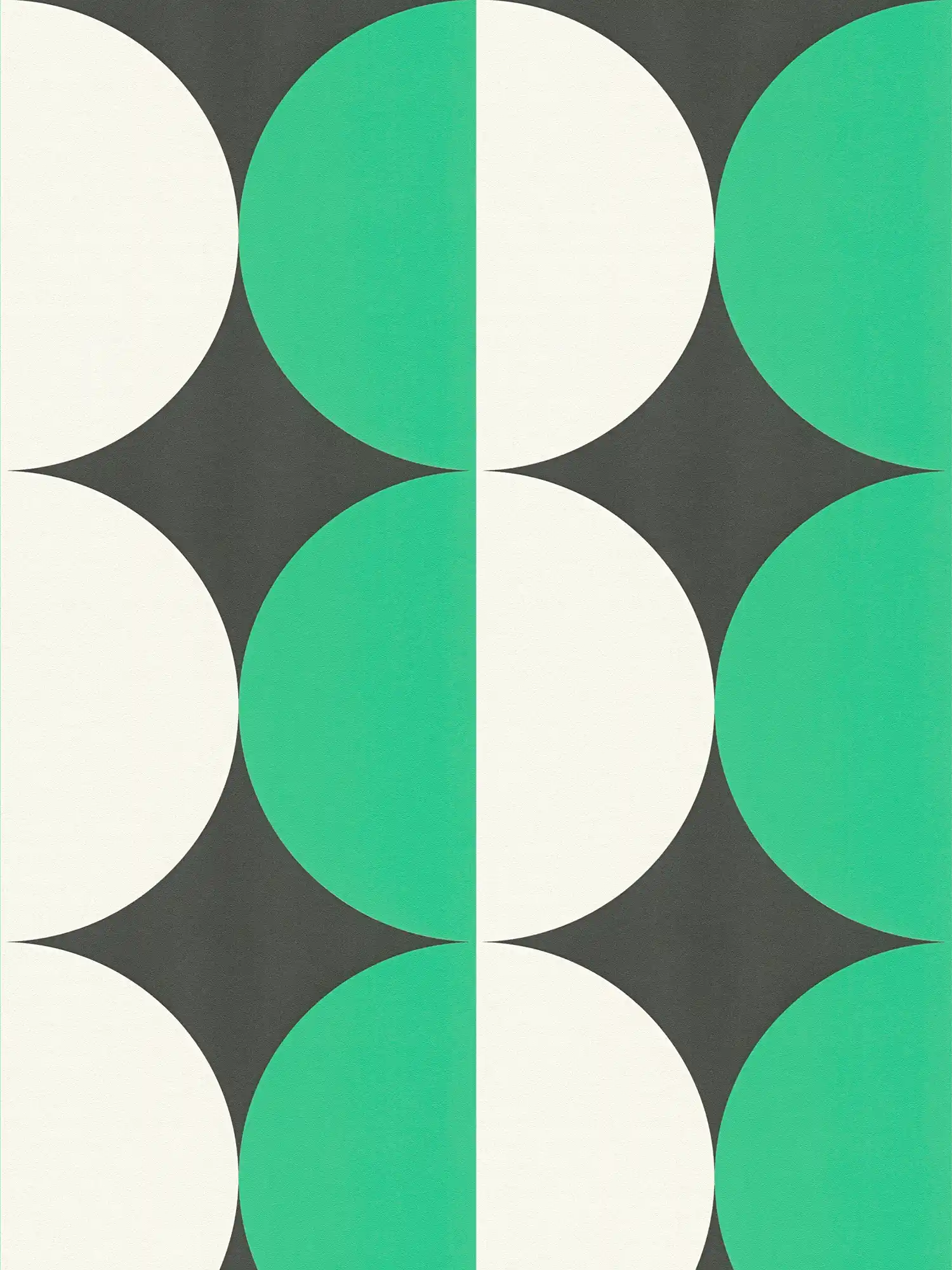 Papel pintado no tejido de estilo retro años 70 con motivos circulares - verde, blanco, negro
