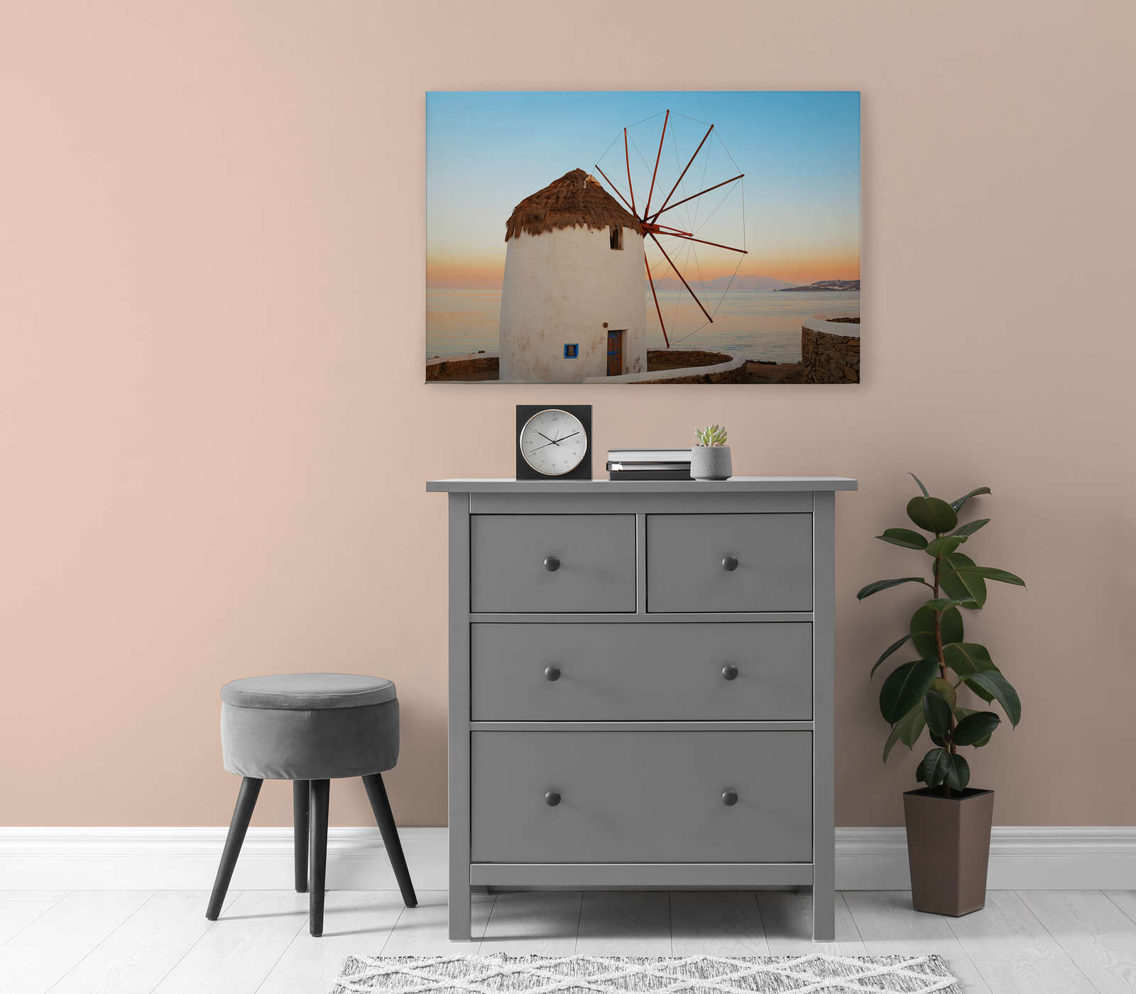             Canvas schilderij Griekse windmolen aan de kust - 0,90 m x 0,60 m
        
