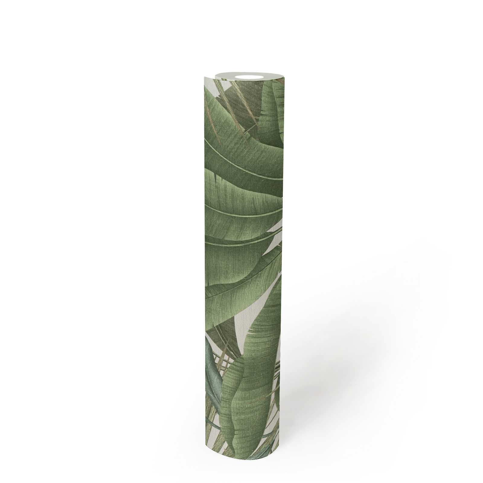             Papel pintado selva floral con textura ligera y hojas grandes - verde, blanco, beige
        