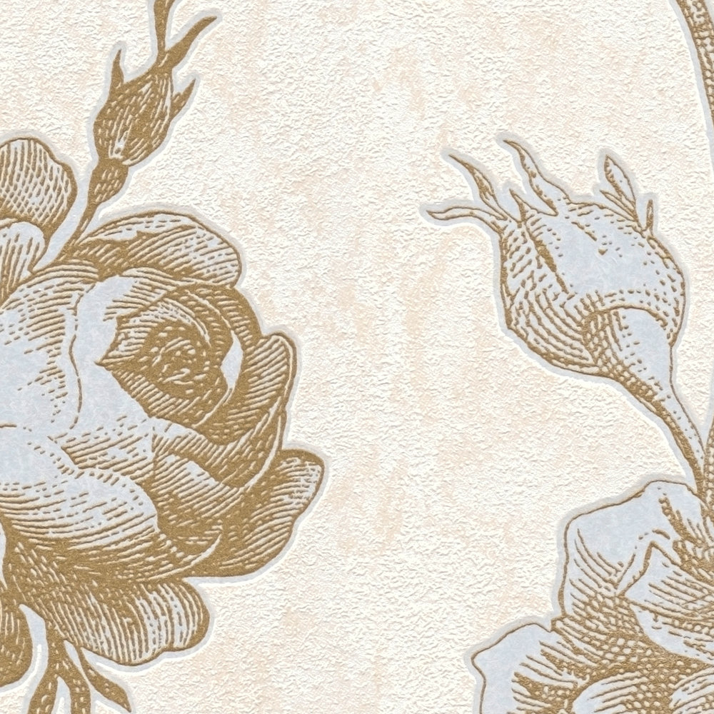             Papier peint vintage avec motif de roses de style graphique - métallique, crème
        