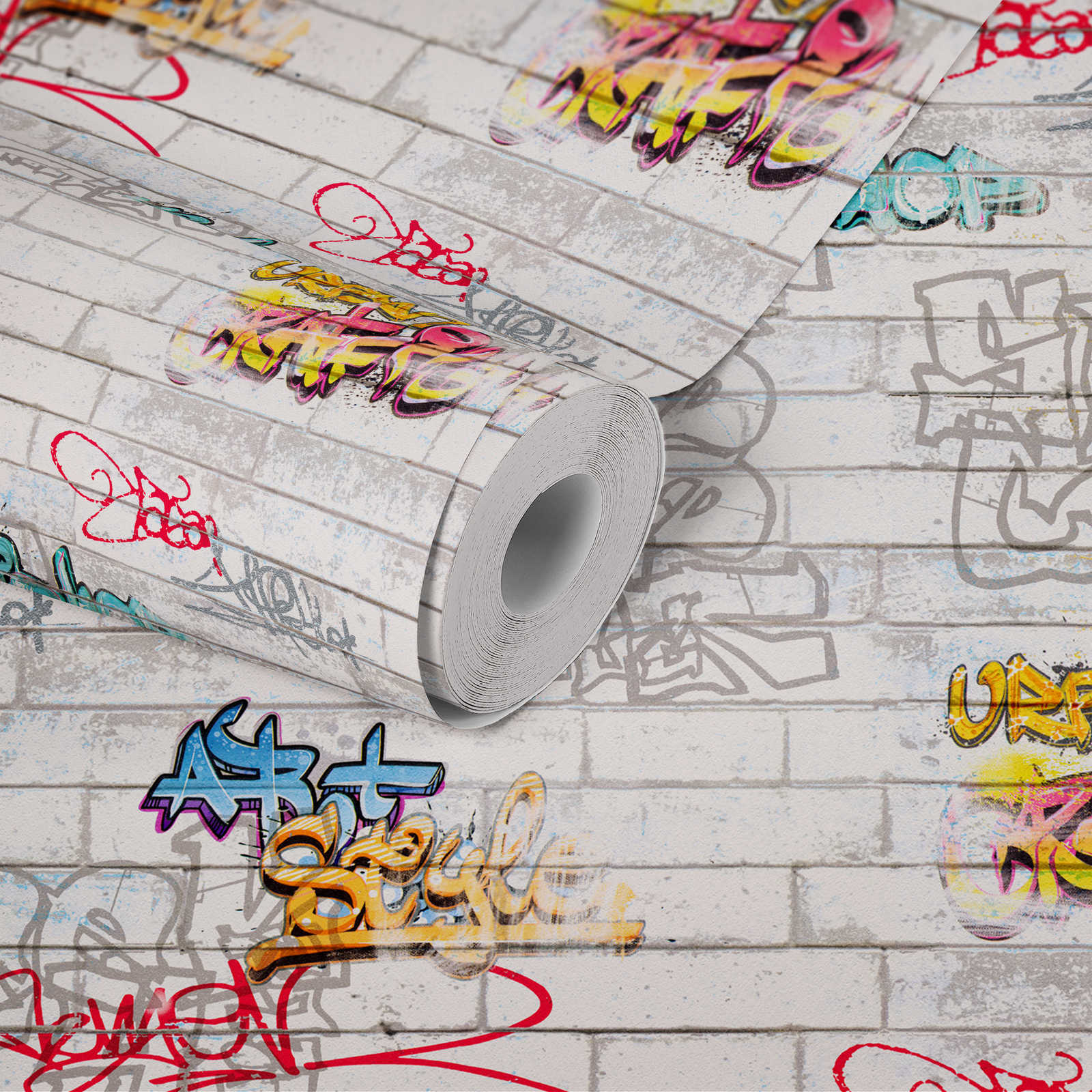             Papel pintado de grafiti con óptica para habitación juvenil - Colorido, blanco
        