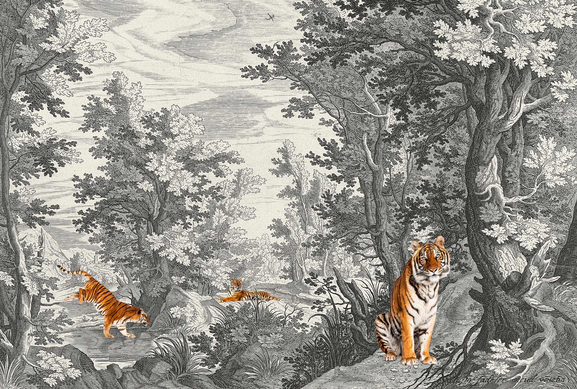             Fancy Forest 2 - Carta da parati classica con tigre
        