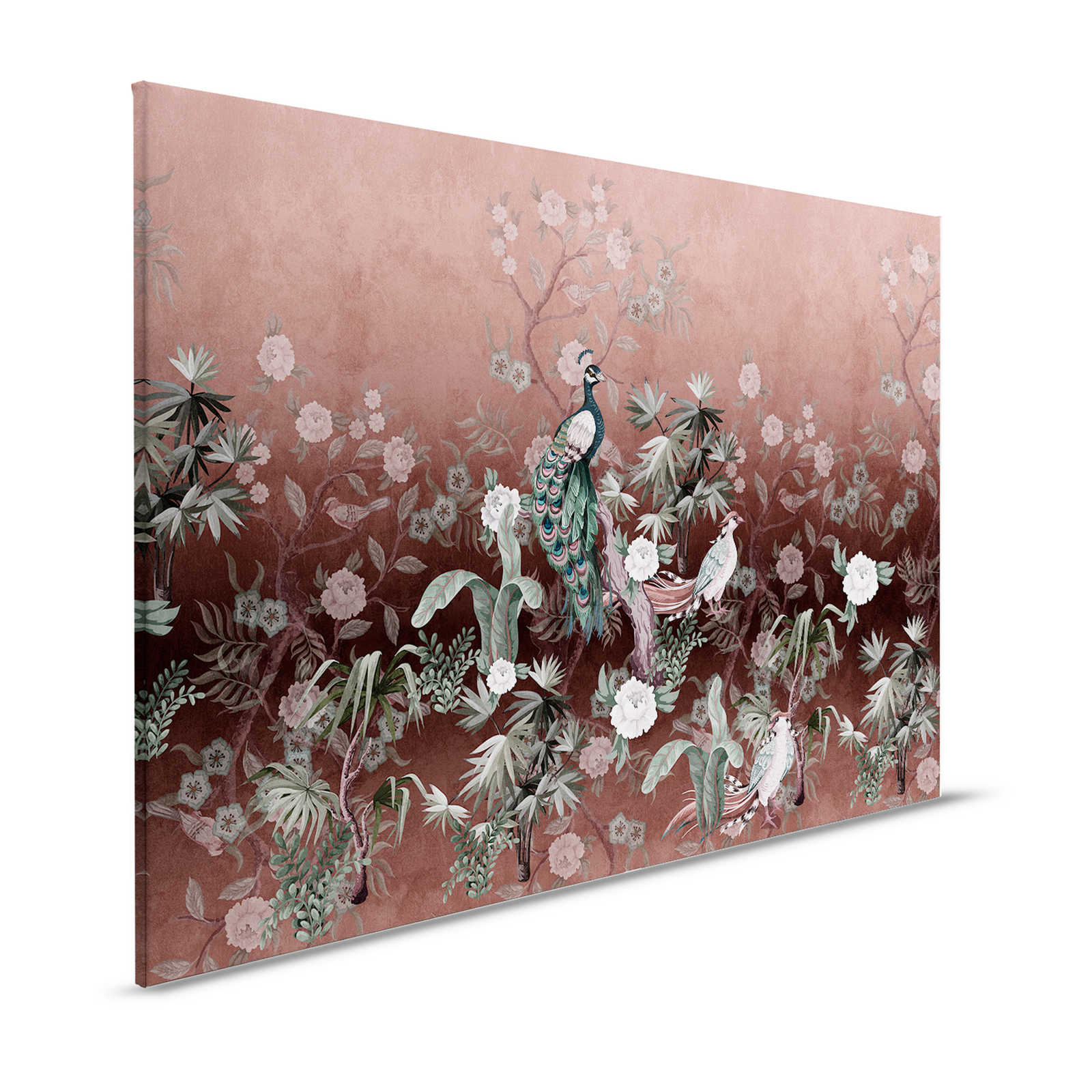 Peacock Island 1 - Canvas painting Peacock garden with flowers in old rose - 1,20 m x 0,80 m
