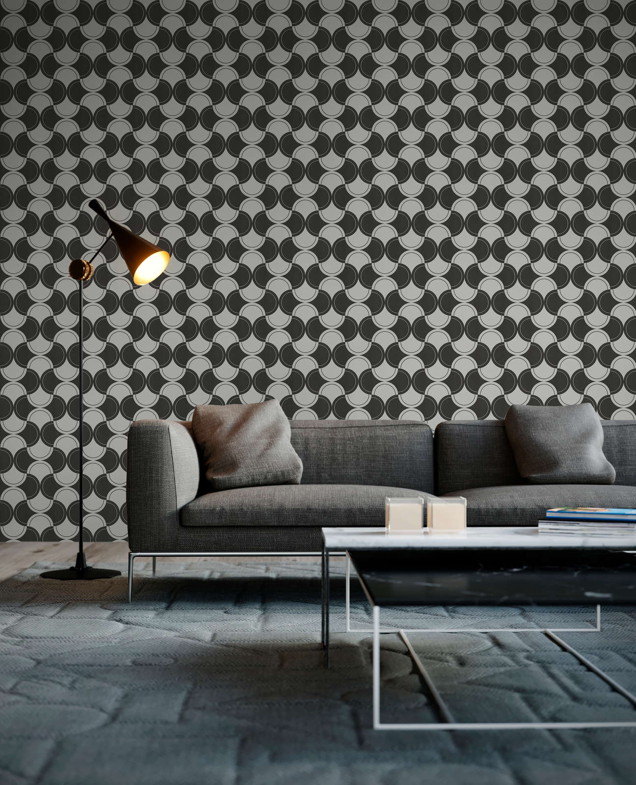             Non-woven wallpaper retro pattern with circles 70s style - black and white
        