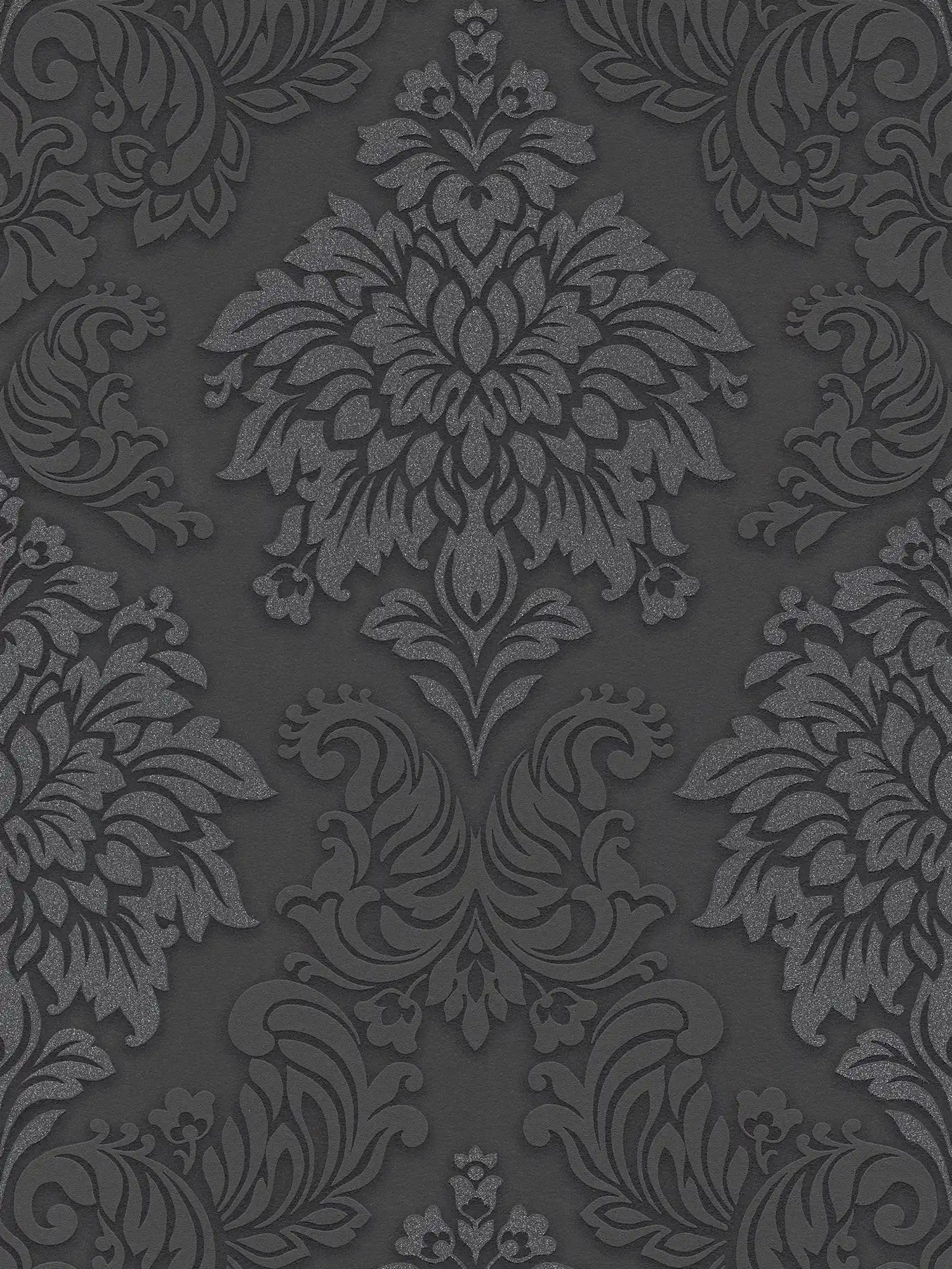 Baroque wallpaper ornaments with glitter effect - black, silver, grey
