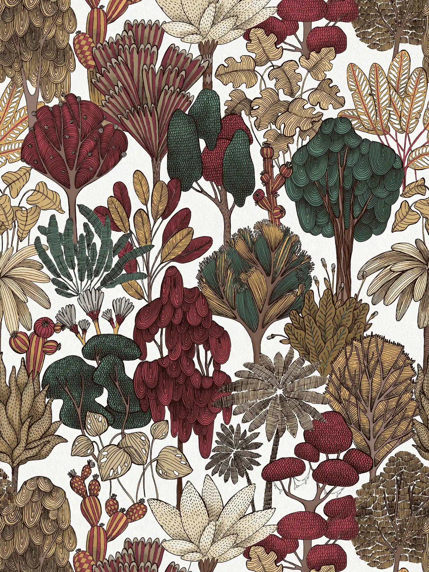 Modern behang bloemen met bomen in tekenstijl - rood, beige, bruin
