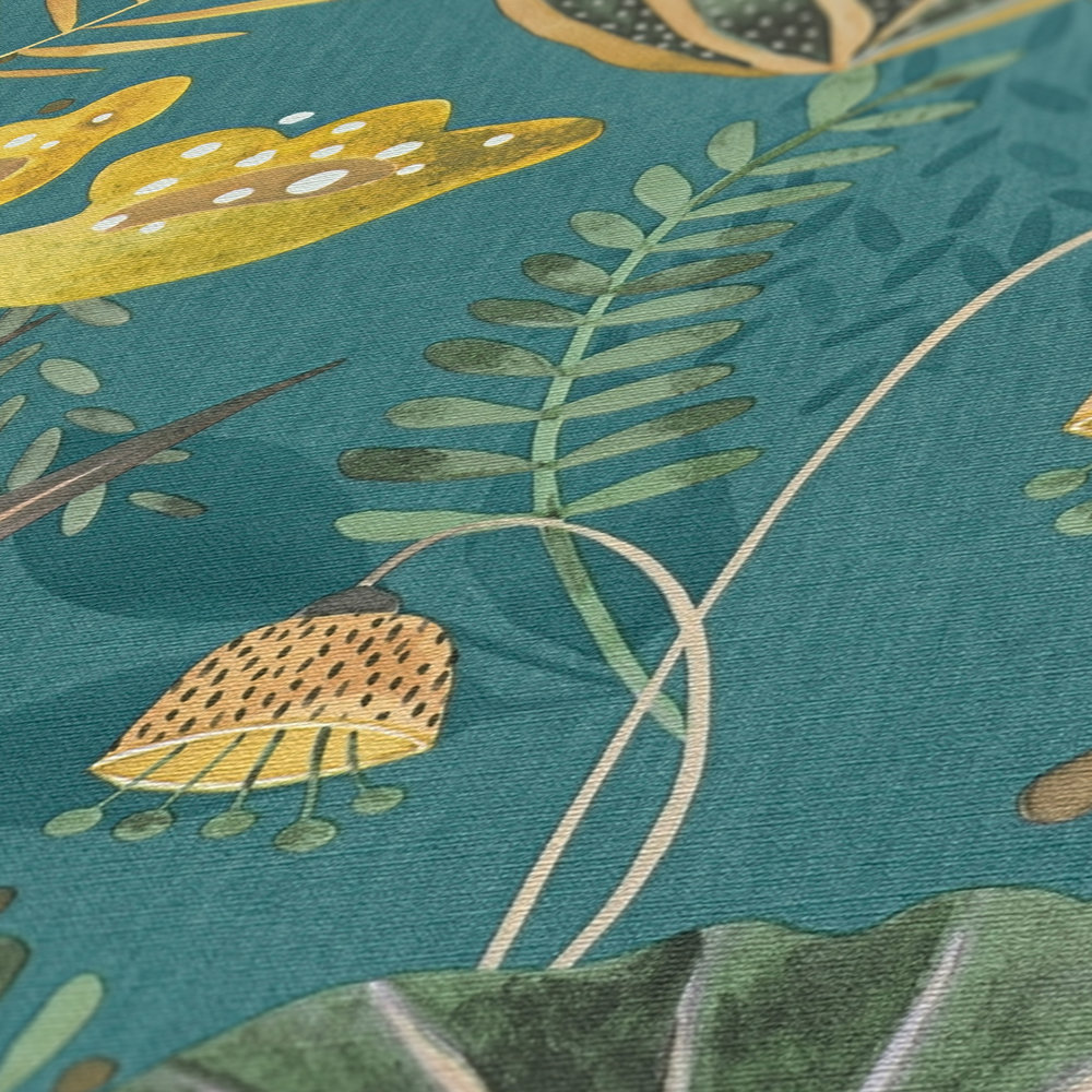             Papel pintado no tejido de flores con hojas mixtas textura ligera, mate - petróleo, verde, amarillo
        