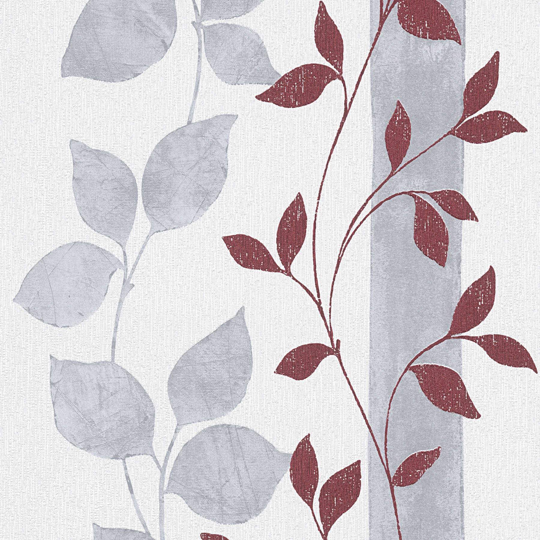         Textured wallpaper leaf tendrils & stripes - red, grey
    