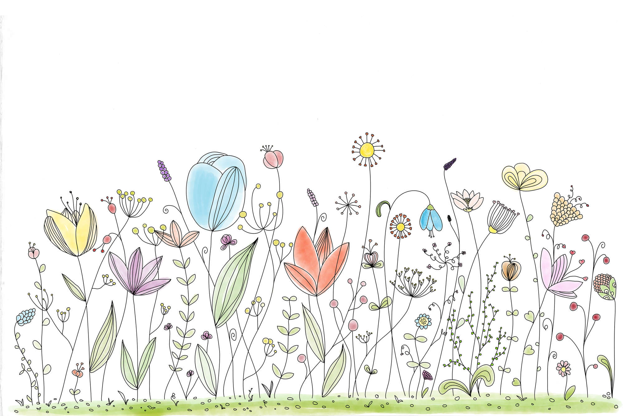             Papier peint enfant avec des fleurs colorées dessinées sur intissé lisse premium
        