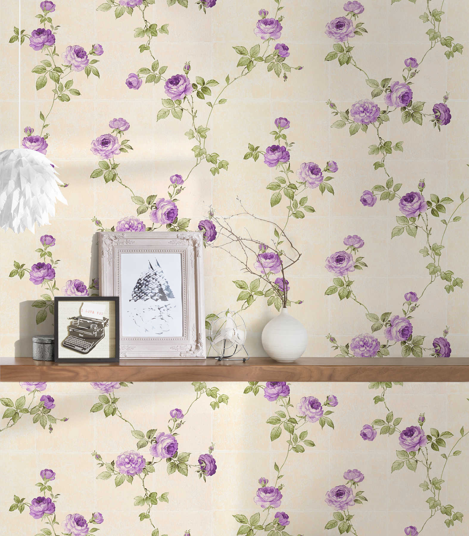             wallpaper roses vines & tile look - beige
        
