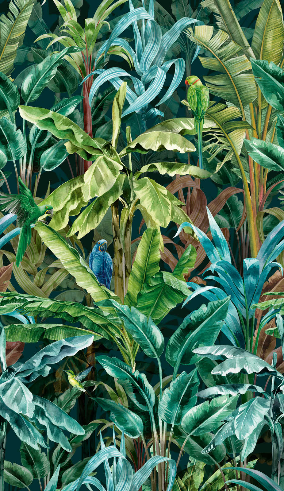             Vliesbehang met opzichtig junglepatroon - groen, blauw, bruin
        