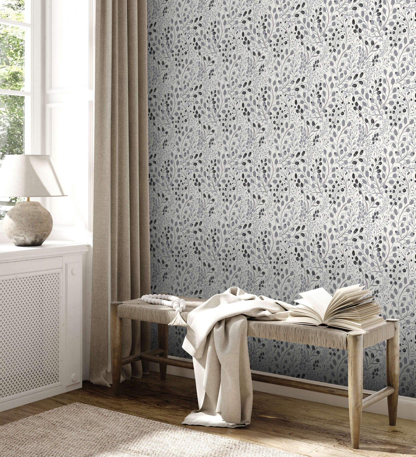             Abstract floral wallpaper in drawing style matt - grey, white, black
        