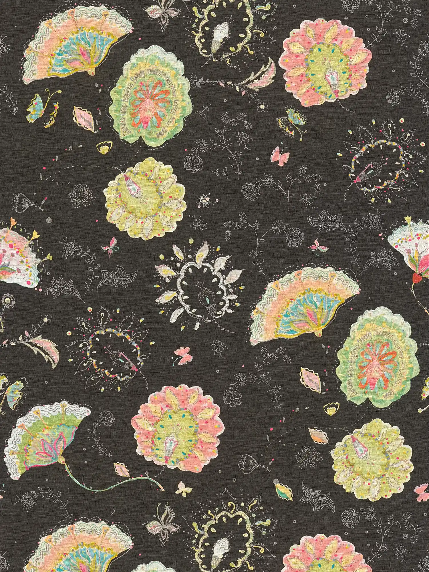 Non-woven wallpaper with floral pattern and light glossy texture - black, green, colourful
