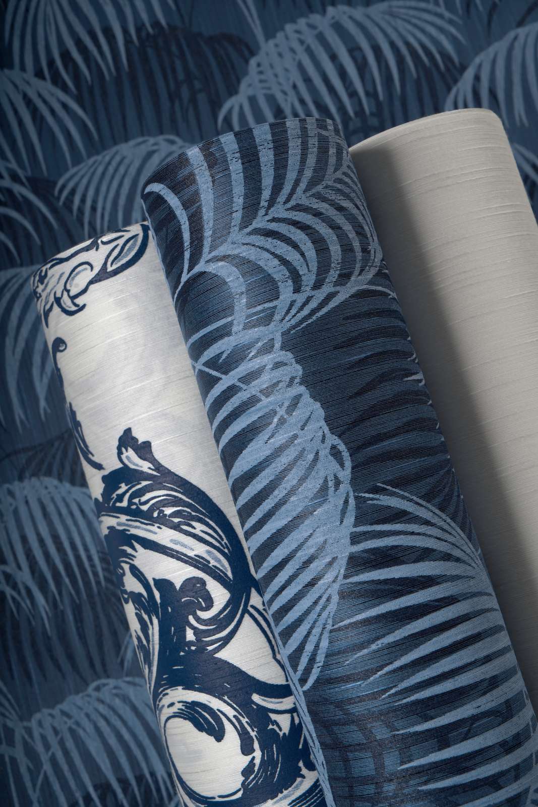             Papier peint Jungle Feuilles Motif style colonial - Bleu
        
