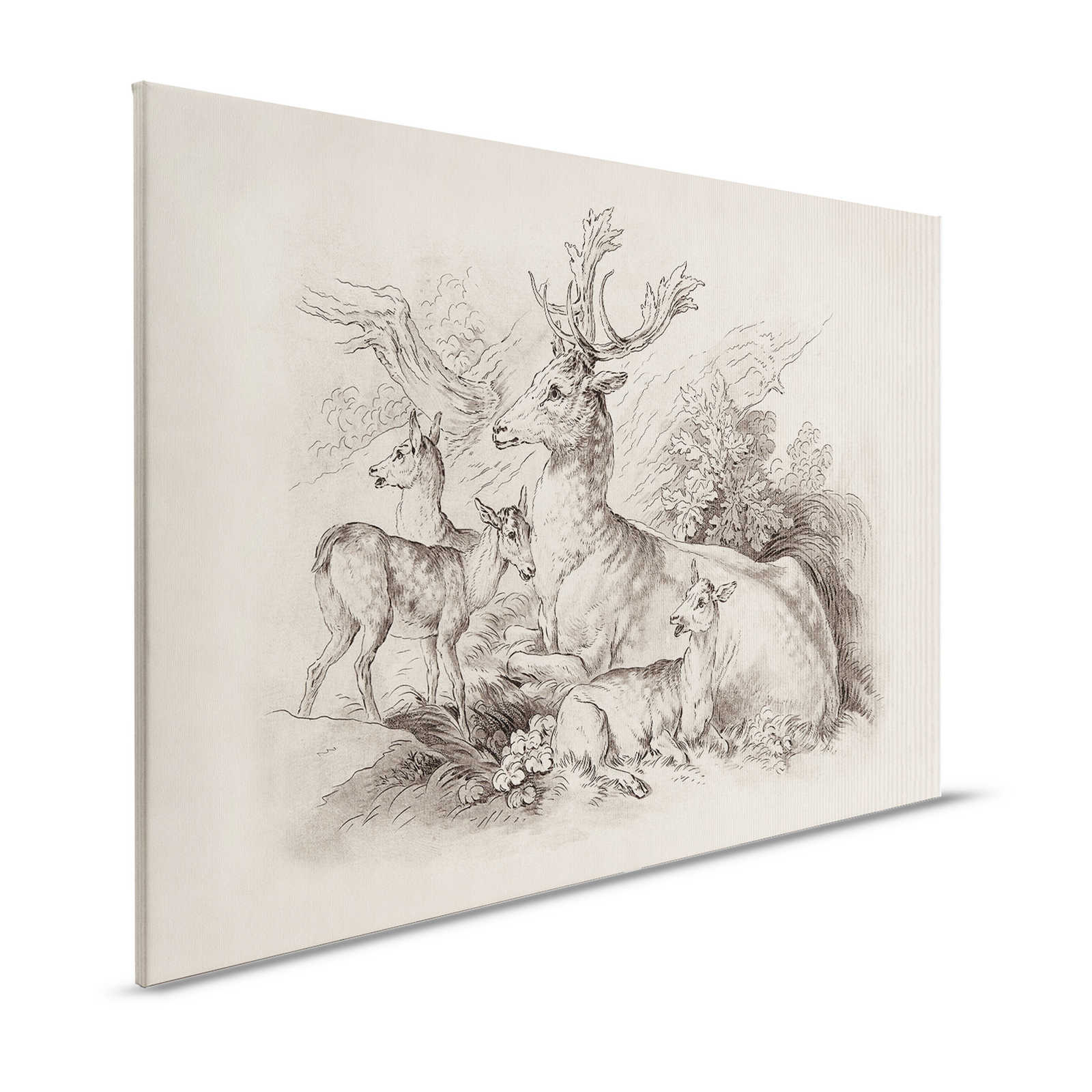 On the Grass 1 - Canvas painting Deer & Stag Vintage Drawing in Beige - 1.20 m x 0.80 m
