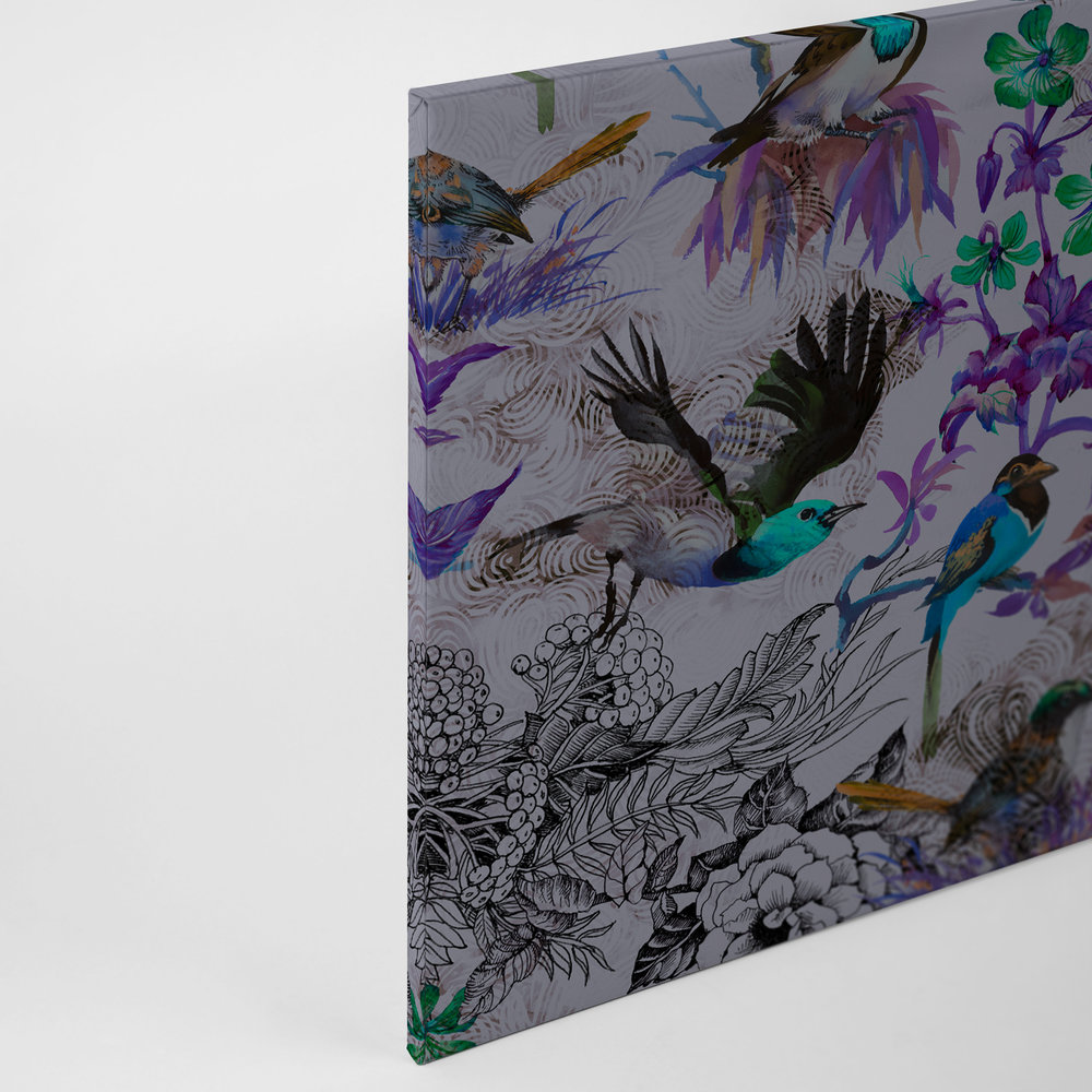             Paars canvas schilderij met bloemen en vogels - 0,90 m x 0,60 m
        