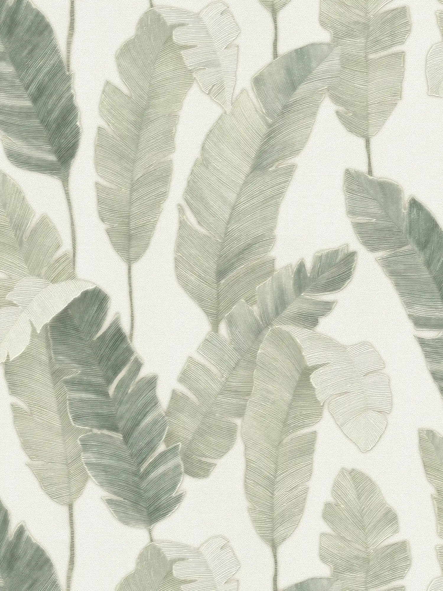 Non-woven wallpaper with palm leaves in light colour - white, green, blue
