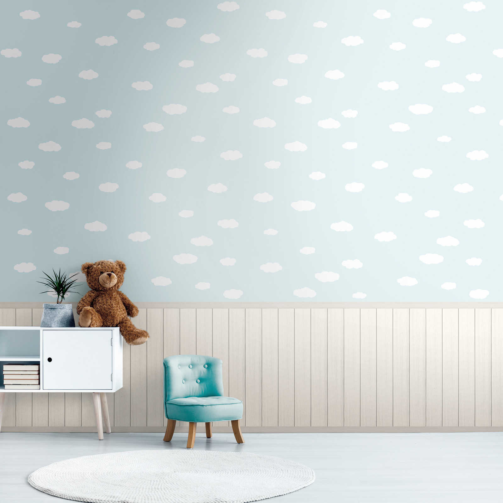 Non-woven motif wallpaper with wood-effect plinth border and cloud pattern - blue, white, grey
