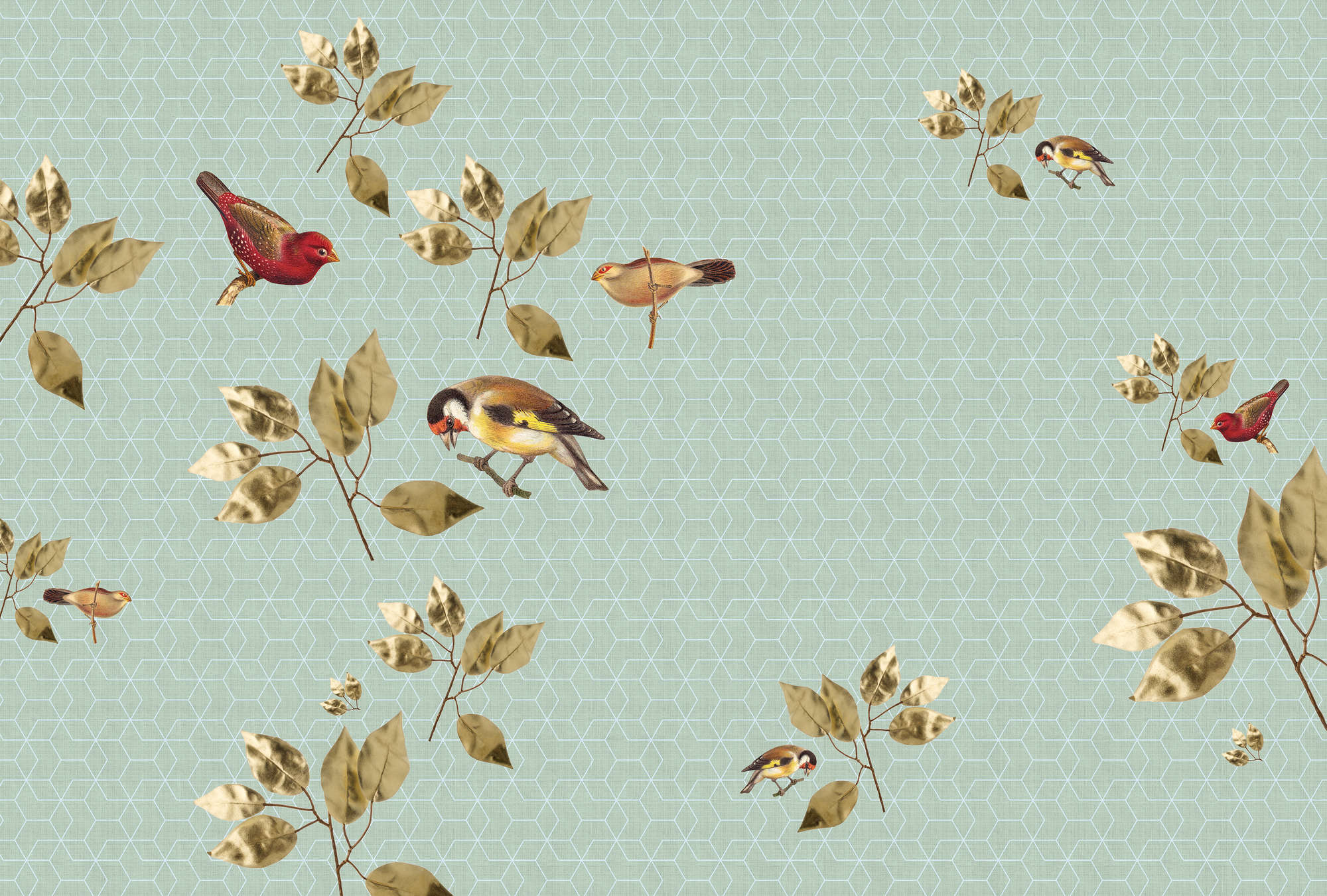             Brilliant Birds 2 - Nature wallpaper geometric design-natural linen structure - Green, Turquoise | Pearl smooth non-woven
        