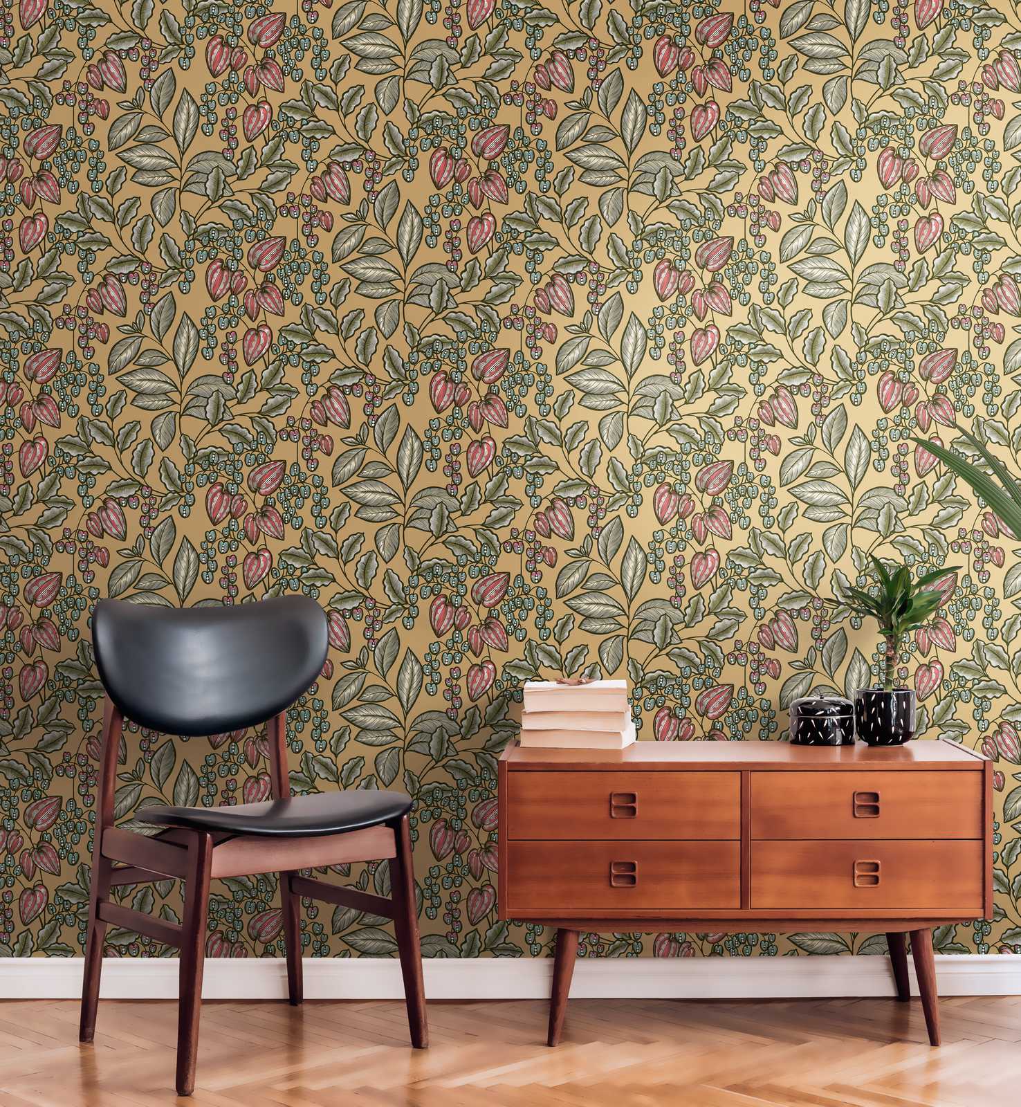             Floral wallpaper modern leaves pattern in Scandi style - yellow, green, blue
        