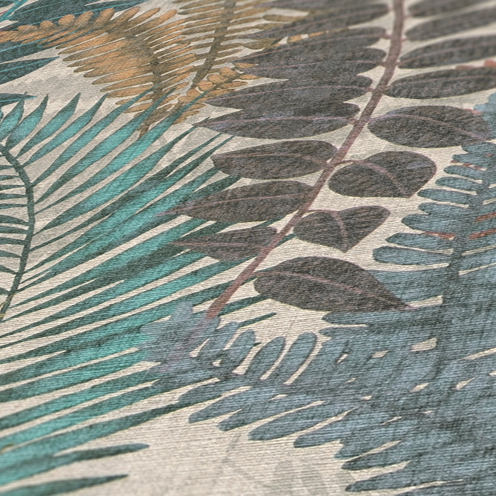             papier peint en papier floral avec feuilles de fougère légèrement structuré, mat - multicolore, beige, vert
        