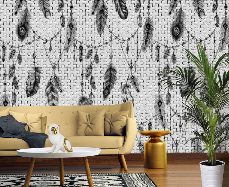            Boho photo wallpaper feathers & puzzle look in black and white - black, grey, white
        