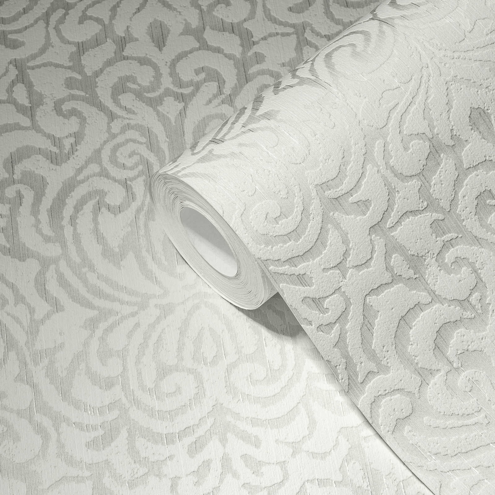             Papier peint avec motif ornemental et effet structuré - blanc
        