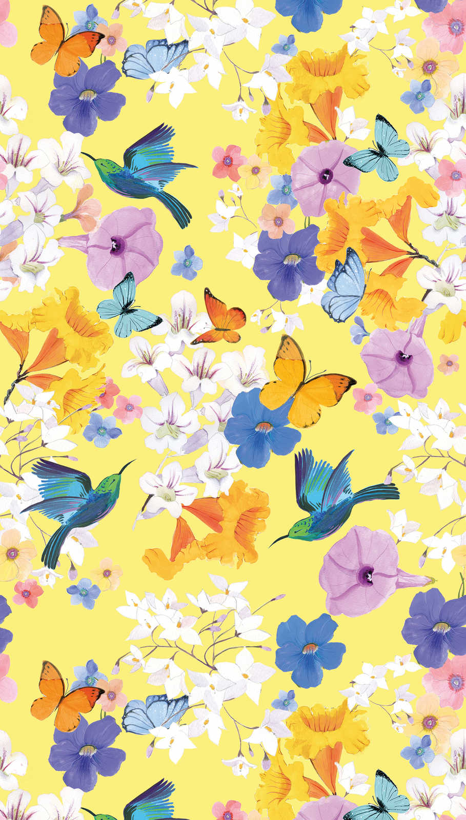             Floral wallpaper with butterflies and birds - colourful, yellow, blue
        