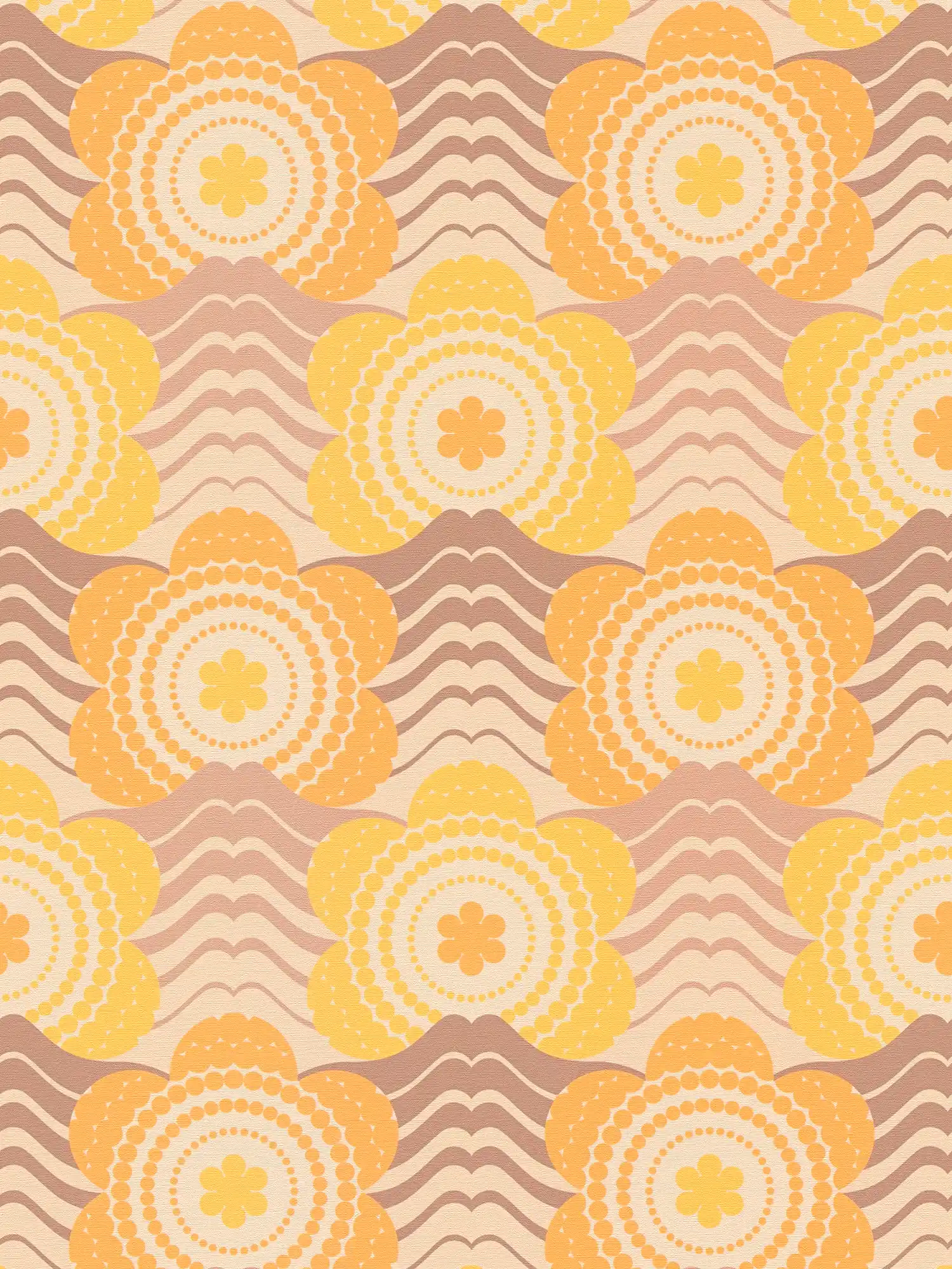 Papel pintado no tejido con motivos florales en estilo años 70 - beige, marrón, naranja
